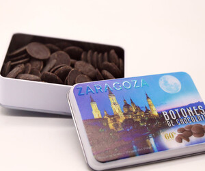 Latas metálicas personalizadas con botones de chocolate 70 g